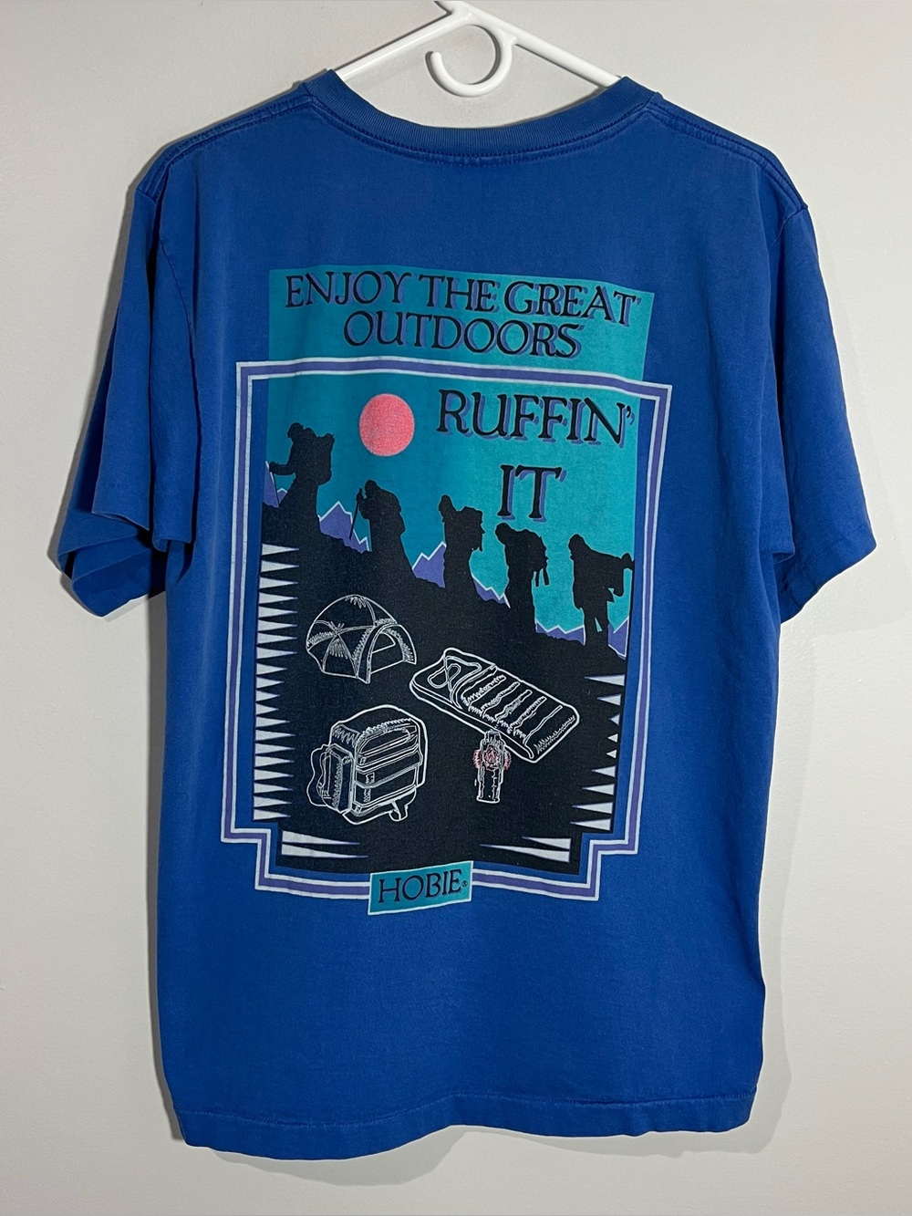 Vintage Hobie Great Outdoors Camping Blue Single Stitch T-Shirt Mens Medium